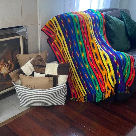Handmade Vintage Hand-Crocheted Large Rainbow Stripe Throw Blanket 63” x 44” - Picture 2 of 8